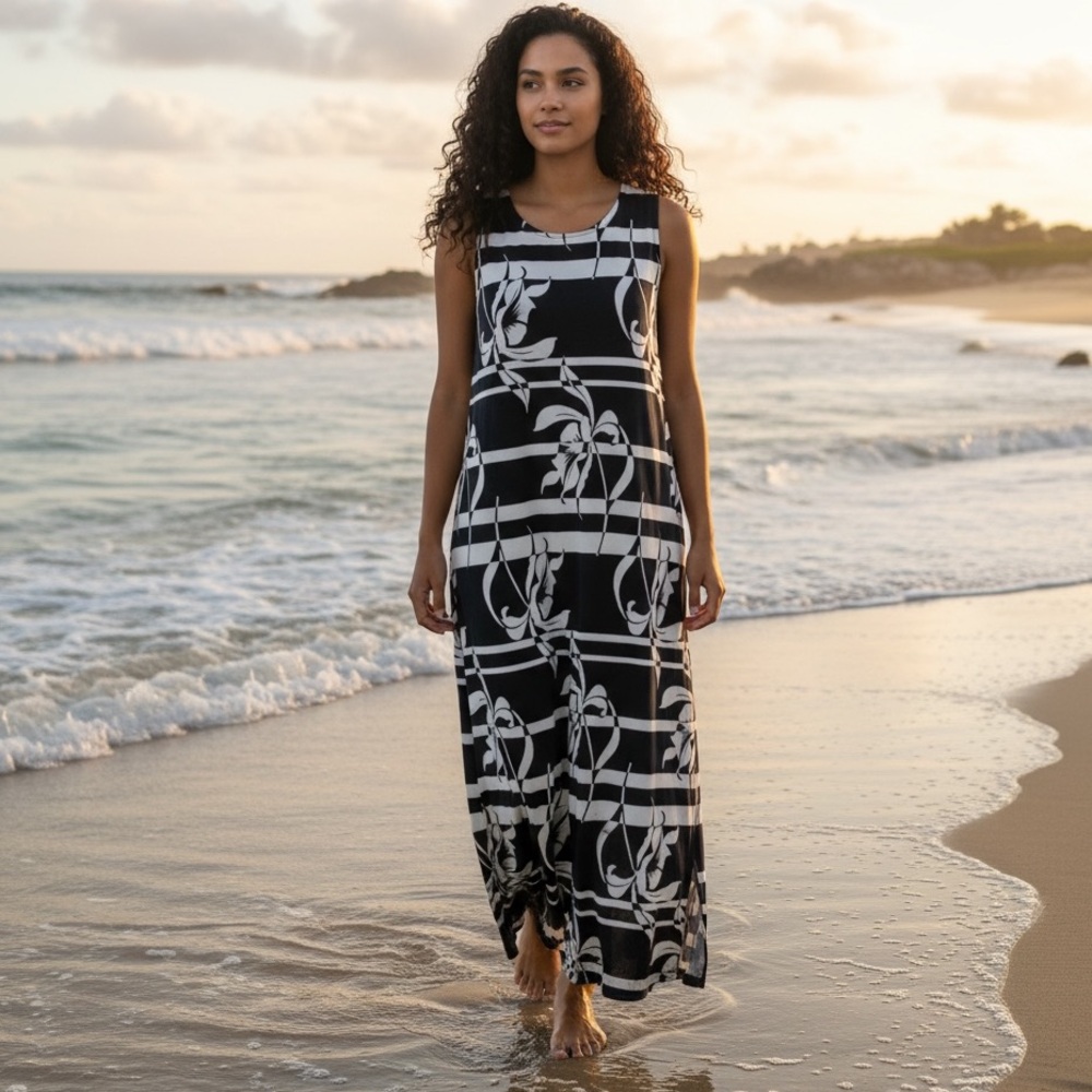 Chico’s Navy & White Orchid Print Maxi Dress Size 8